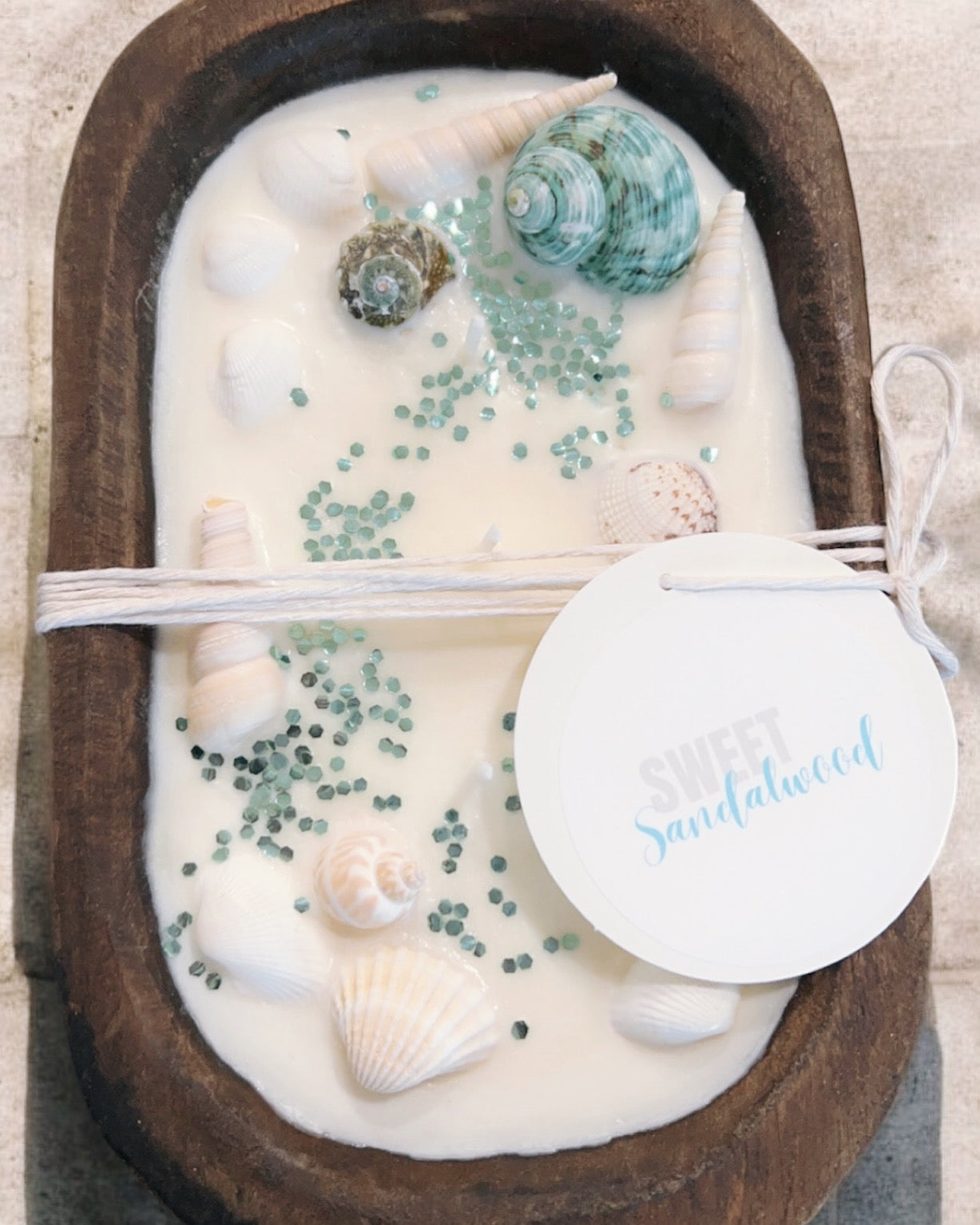 Blue Seashell Wooden Dough Bowl Candle