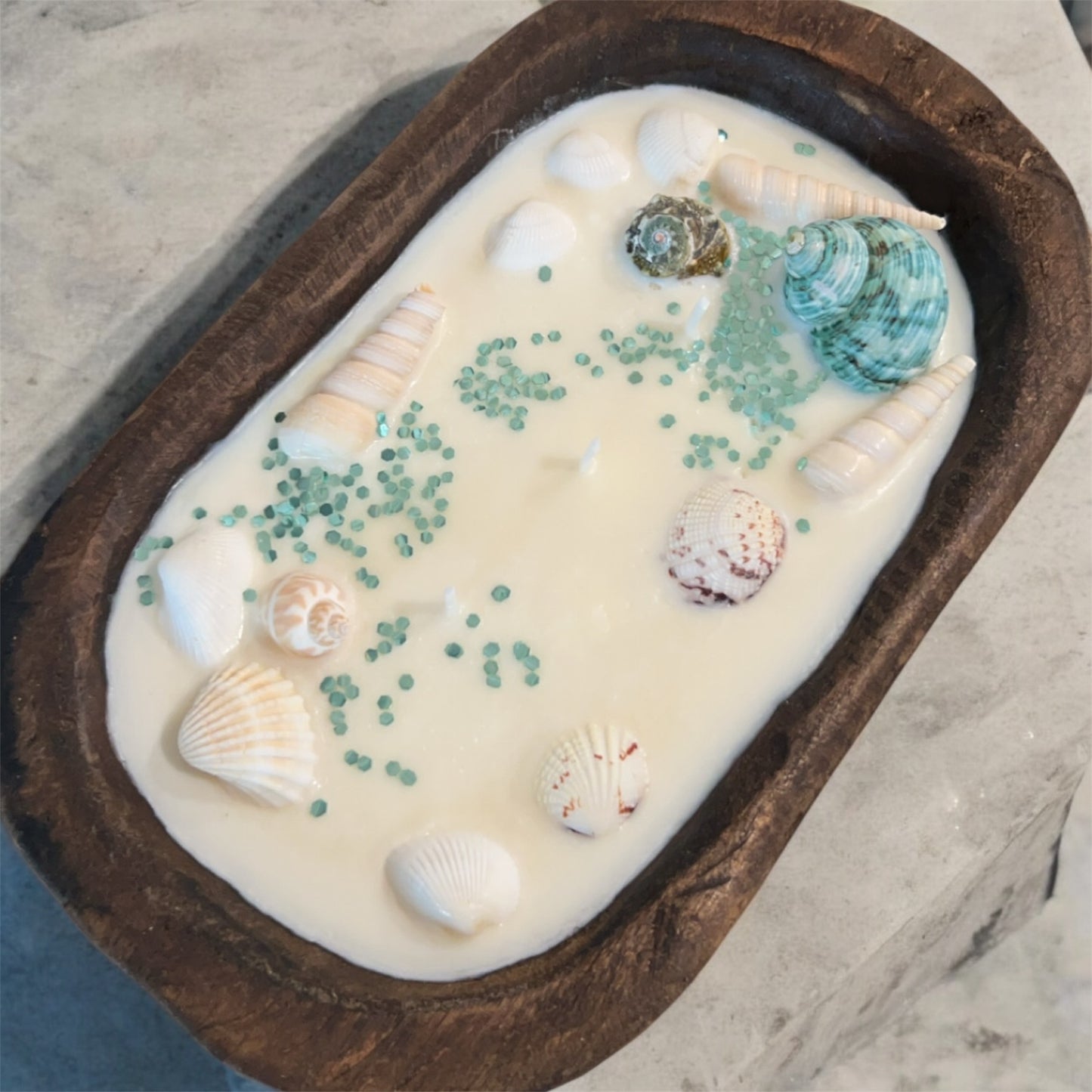 Blue Seashell Wooden Dough Bowl Candle